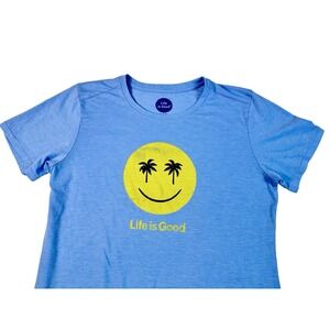 Life is Good T-shirt Women's BLUE  Crew Neck Smiley Face Palm Trees,‎ MEDIUM